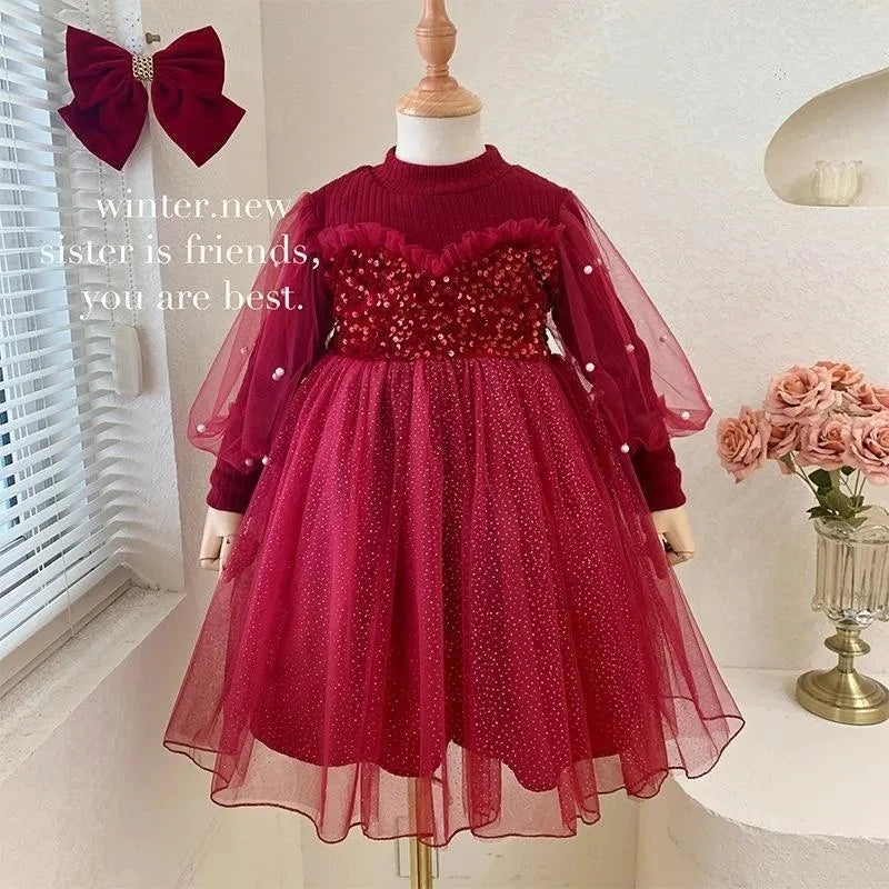 Spring Autumn Clothes for Kids Clothes Girls Solid Color Long Sleeve Fake Two Pieces Round Neck Patchwork Lace Princess Dresses