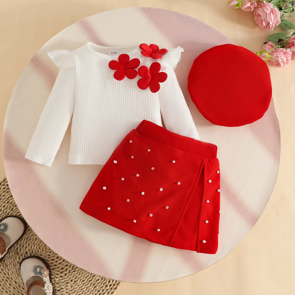 Spring Kids Girls Clothes Baby Casual Long Sleeve Flower Tops With Shorts Beret Infant Cute Outfits Sets Children's Clothing