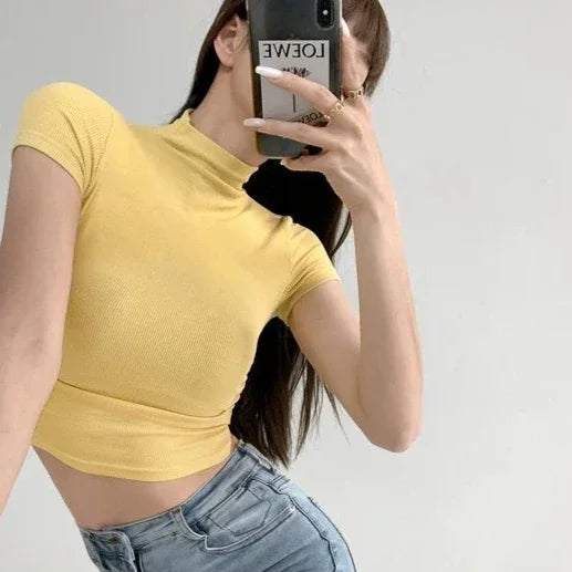 T Shirt For Women Crop Slim Turtleneck Solid Color Tops Woman Y2k Fashion Korea Polyester Cheap Clothes Youthful Goth Korean Tee