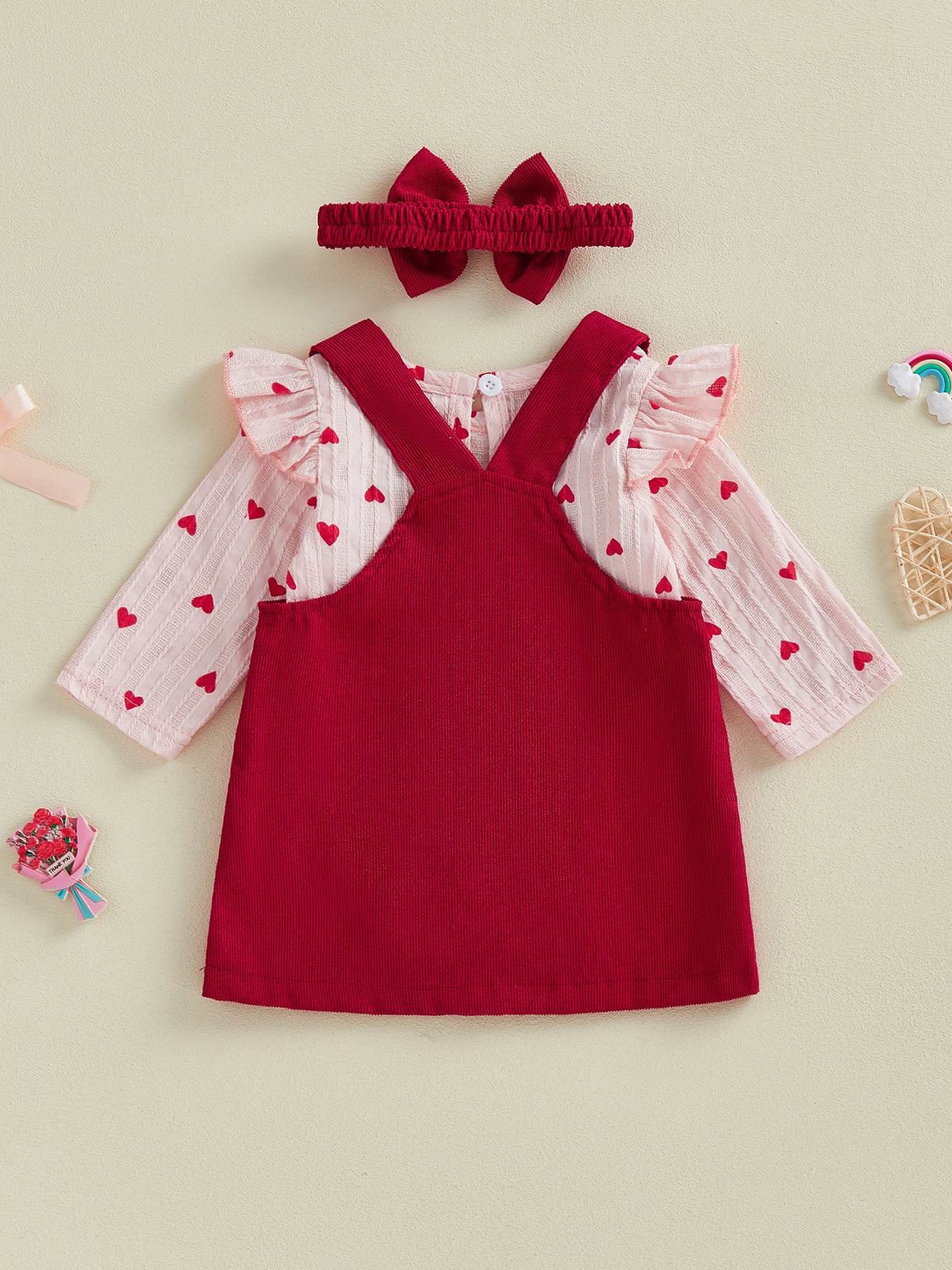 Valentine s Day Baby Girls 3 Piece Outfit Cute Long Sleeve O Neck Heart Print Jumpsuit Bow Headband Overall Dress Set