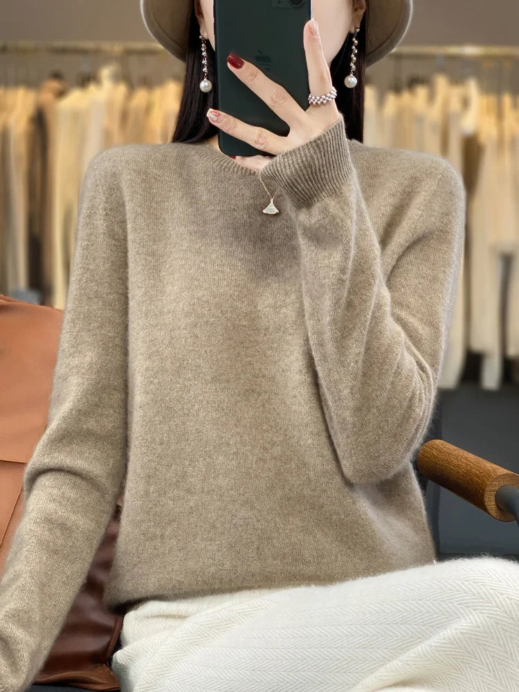 100% Merino Wool Sweater Women O-neck Cashmere Knitwear Female Pullover Autumn Winter Casual Tops Solid Color Soft Clothing