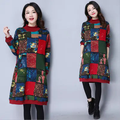 Plus Size Loose Fitting Floral Long Sleeve Dress
