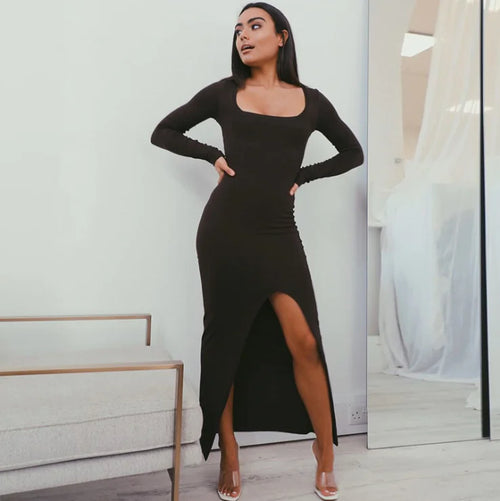 Slim Fit Dress with Square Neck and Side Slit