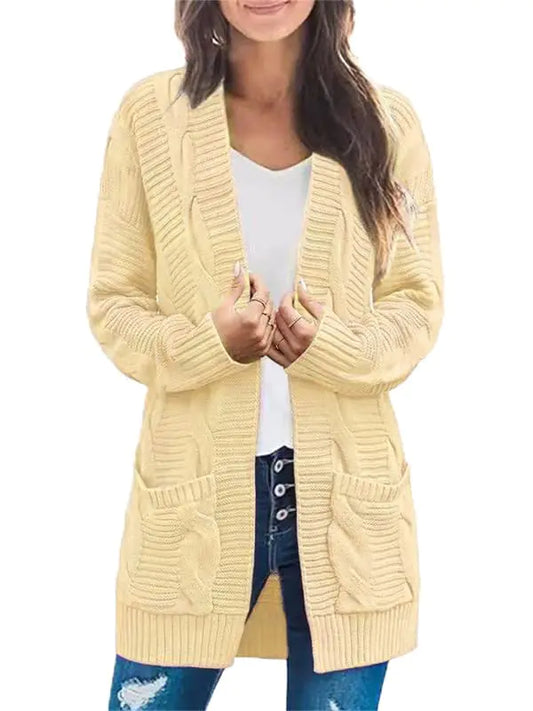 Andongnywell Womens Cable Knit Open Front Chunky Cardigans Sweaters Boyfriend Sweaters Overcoats Outwear Mid-Length Apricot