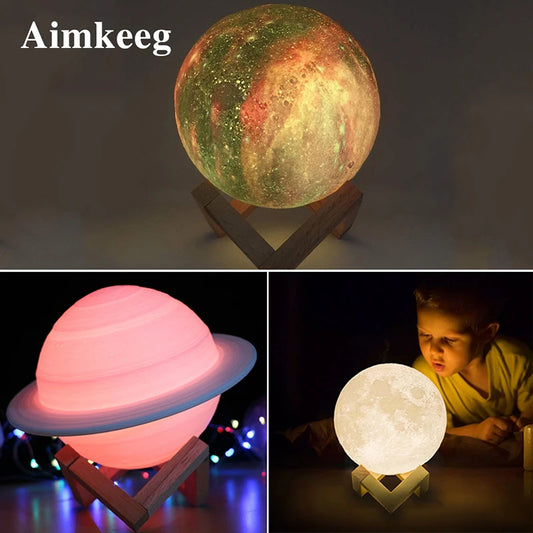 LED Saturn Lamp Starry Sky Night Light Colored Touch Type Rechargeable 3D Printed Moon Lamps for Room Decoration Christmas Gifts