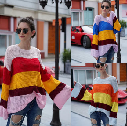 Plus Size Loose Knit Striped Rainbow Sweater