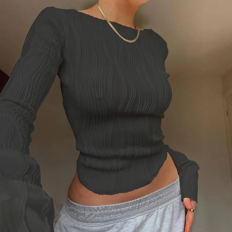 Woman Fashion Casual Ruched Long Sleeve T-shirt Blouses Female White Skinny Cropped Bottoming Shirt 2024 Autumn Y2K Top Clothes