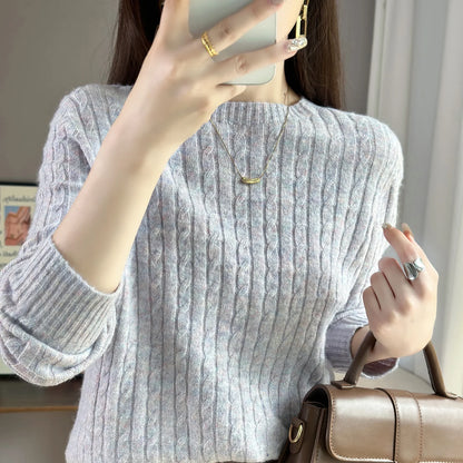 Knitted Wool Blend Sweater for Women, Long Sleeve, Round Neck, Loose Casual Top, Skin Friendly, Fall and Winter, New, 2025 New