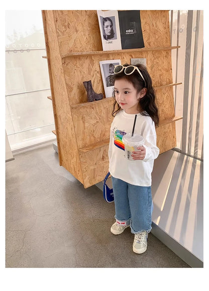 Spring Girl Top And Bottom Clothes Set Korean Fashion Simplicity Suit For Girls Rainbow Printed Long Sleeves+Pants Two Piece Set