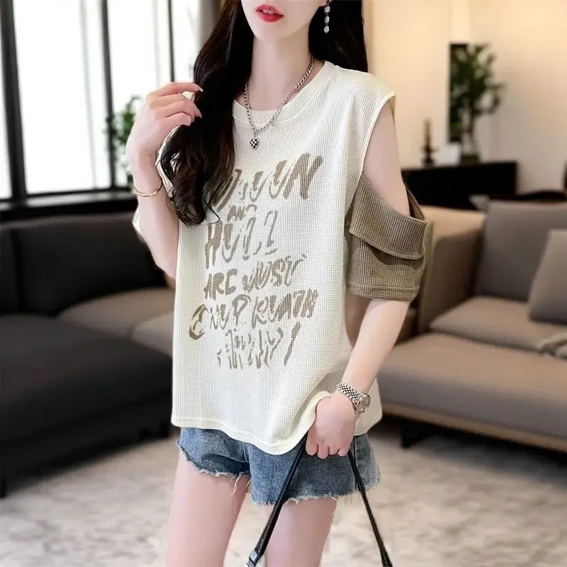 T Shirt For Women Off Shoulder Graphic Tops Woman Green Summer Outfit Fashion Women's Clothing 2025 Female Wholesale Clothes