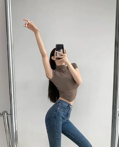 T Shirt For Women Crop Slim Turtleneck Solid Color Tops Woman Y2k Fashion Korea Polyester Cheap Clothes Youthful Goth Korean Tee