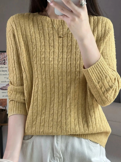 Knitted Wool Blend Sweater for Women, Long Sleeve, Round Neck, Loose Casual Top, Skin Friendly, Fall and Winter, New, 2025 New