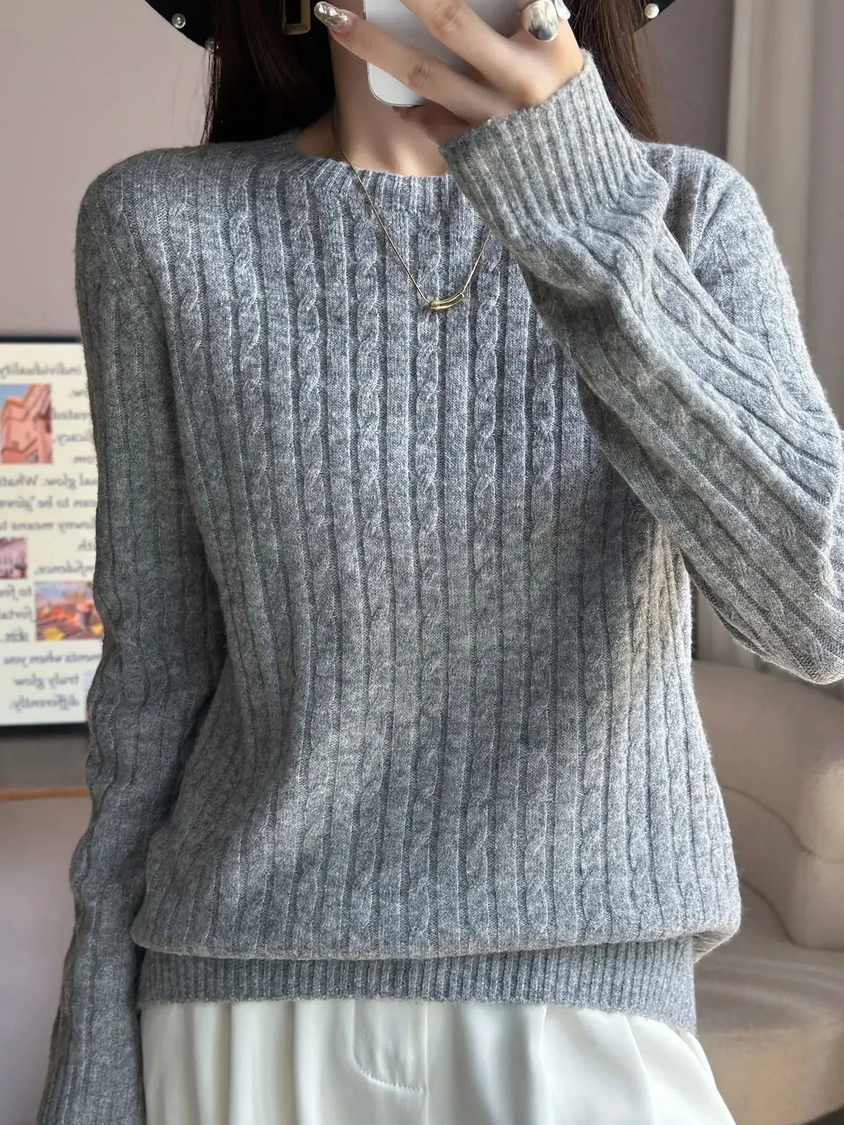 Knitted Wool Blend Sweater for Women, Long Sleeve, Round Neck, Loose Casual Top, Skin Friendly, Fall and Winter, New, 2025 New