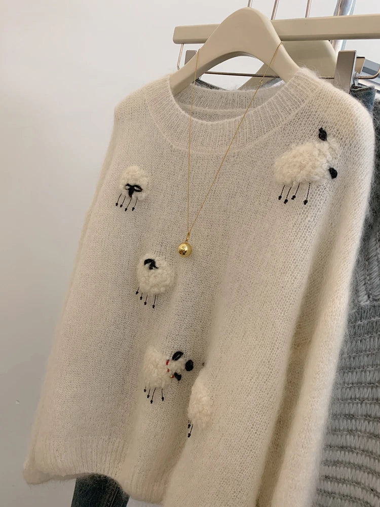 White Casual Sweater For Women 2025 New Long Sleeved O-Neck Warm Knit Pullovers Autumn Winter Korean Cute Animals Woolen Tops