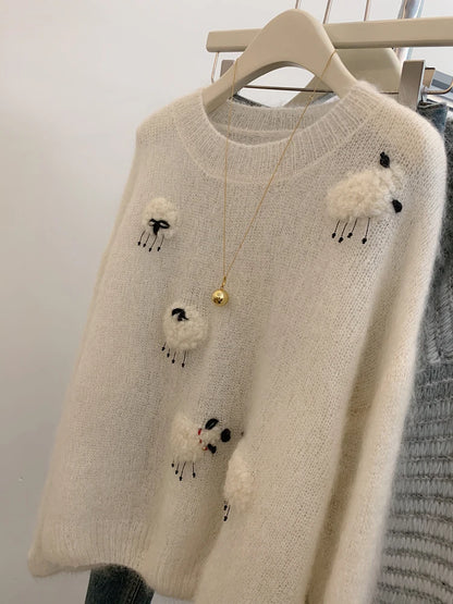 White Casual Sweater For Women 2025 New Long Sleeved O-Neck Warm Knit Pullovers Autumn Winter Korean Cute Animals Woolen Tops