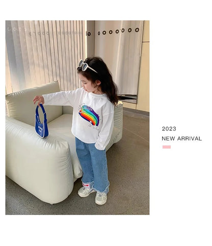 Spring Girl Top And Bottom Clothes Set Korean Fashion Simplicity Suit For Girls Rainbow Printed Long Sleeves+Pants Two Piece Set