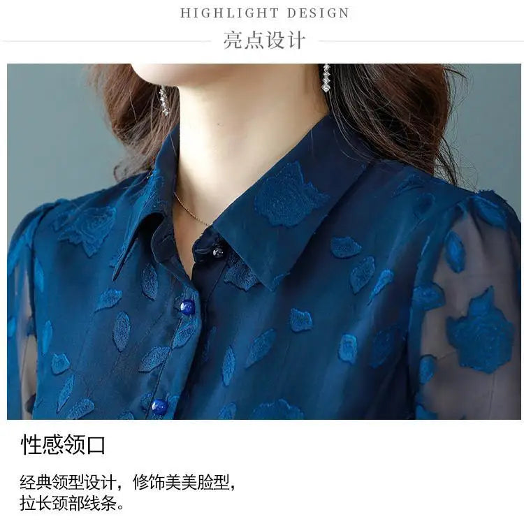 Spring Chiffon Shirt Women's Long-sleeved Temperament Waist Women's Small High-end Foreign Style Middle-aged Top Clothes