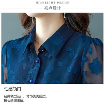 Spring Chiffon Shirt Women's Long-sleeved Temperament Waist Women's Small High-end Foreign Style Middle-aged Top Clothes