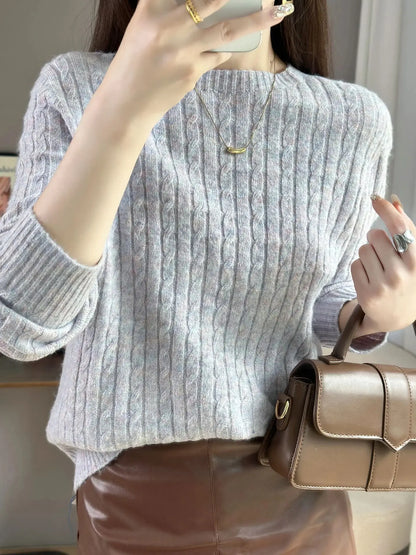 Knitted Wool Blend Sweater for Women, Long Sleeve, Round Neck, Loose Casual Top, Skin Friendly, Fall and Winter, New, 2025 New