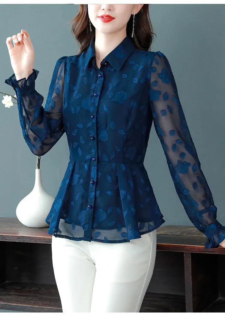Spring Chiffon Shirt Women's Long-sleeved Temperament Waist Women's Small High-end Foreign Style Middle-aged Top Clothes