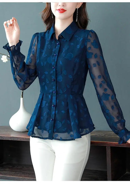 Spring Chiffon Shirt Women's Long-sleeved Temperament Waist Women's Small High-end Foreign Style Middle-aged Top Clothes