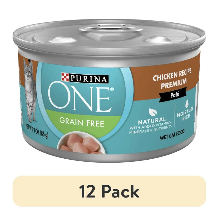 For Purina ONE Pate 12-Pack of Natural Grain-Free Wet Cat Food 3 oz Can Soft Chicken Flavor