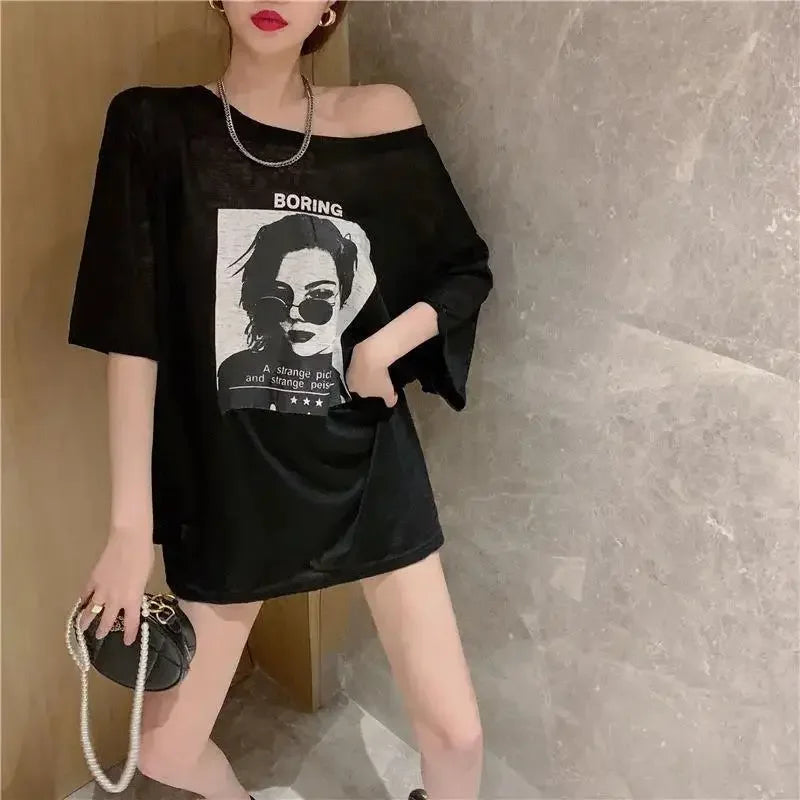 T Shirt For Women Summer Outfit Sexy Baggy Graphic Tops Woman Long Aesthetic Clothing Elegant Tee Trending Korean Streetwear