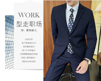 Suit (Blazer+ Pants) Fashion Men Solid color Business Wedding Work Casual Slim Professional Dress Groom Best Man Gentleman Suit