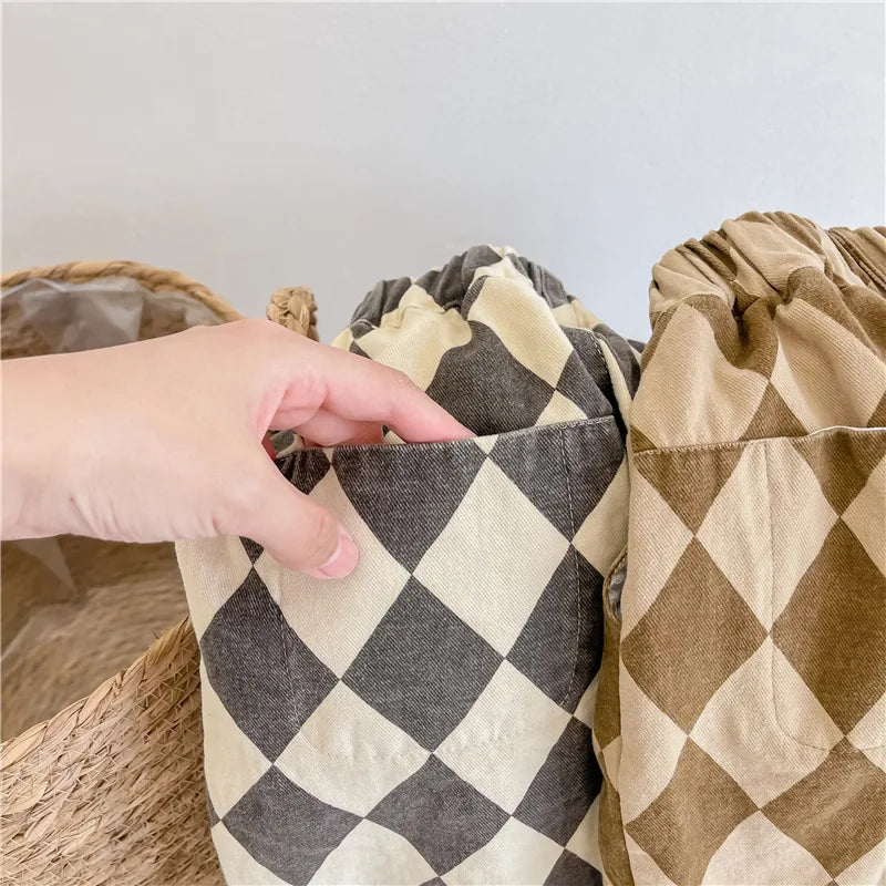 Spring 1-7Y Kids Clothes Washed Cotton Harem Trousers Vintage Checkered Design Japanese Trendy Loose-fit Casual Boys Girls Pants