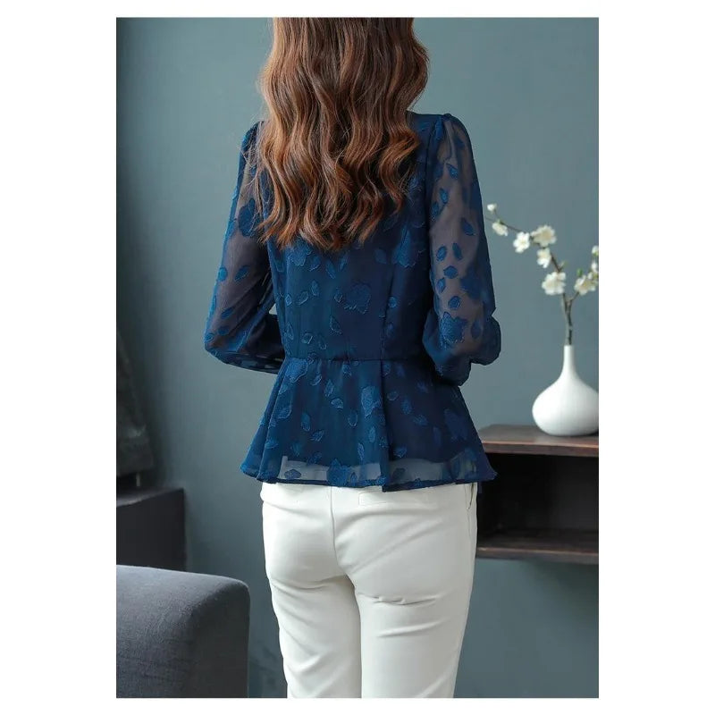 Spring Chiffon Shirt Women's Long-sleeved Temperament Waist Women's Small High-end Foreign Style Middle-aged Top Clothes