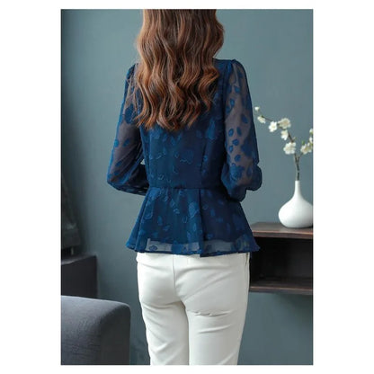 Spring Chiffon Shirt Women's Long-sleeved Temperament Waist Women's Small High-end Foreign Style Middle-aged Top Clothes