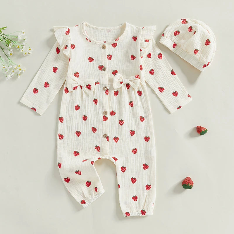 Baby Girl 2Pcs Fall Outfits Long Sleeve Strawberry Print Ruffle Jumpsuit with Headband Set Newborn Clothes