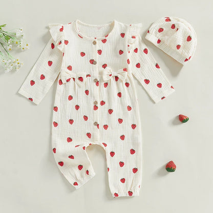 Baby Girl 2Pcs Fall Outfits Long Sleeve Strawberry Print Ruffle Jumpsuit with Headband Set Newborn Clothes
