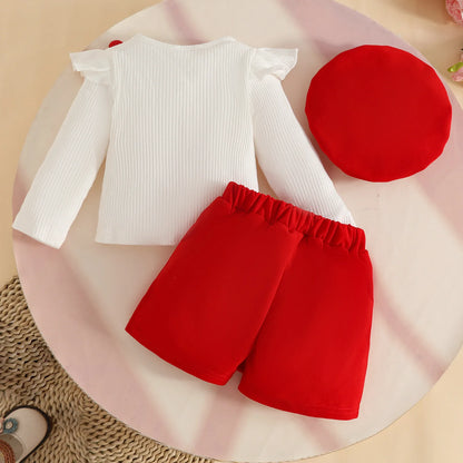Spring Kids Girls Clothes Baby Casual Long Sleeve Flower Tops With Shorts Beret Infant Cute Outfits Sets Children's Clothing