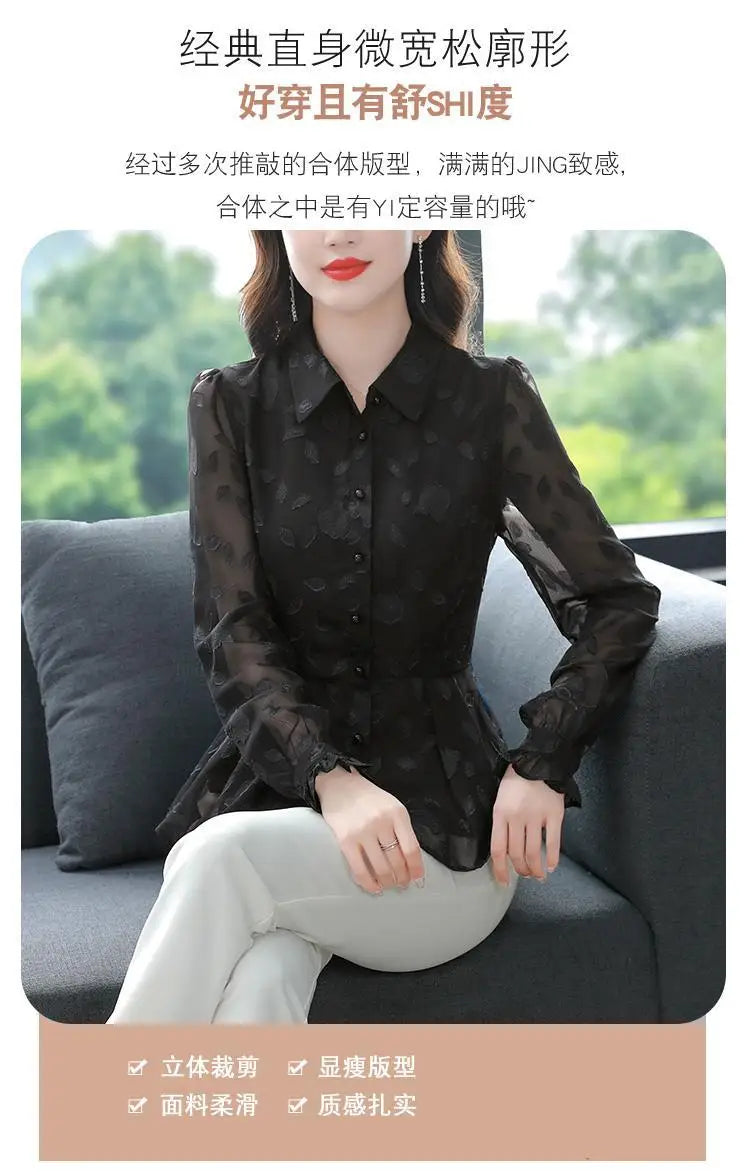 Spring Chiffon Shirt Women's Long-sleeved Temperament Waist Women's Small High-end Foreign Style Middle-aged Top Clothes