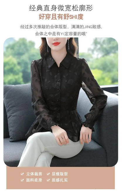 Spring Chiffon Shirt Women's Long-sleeved Temperament Waist Women's Small High-end Foreign Style Middle-aged Top Clothes