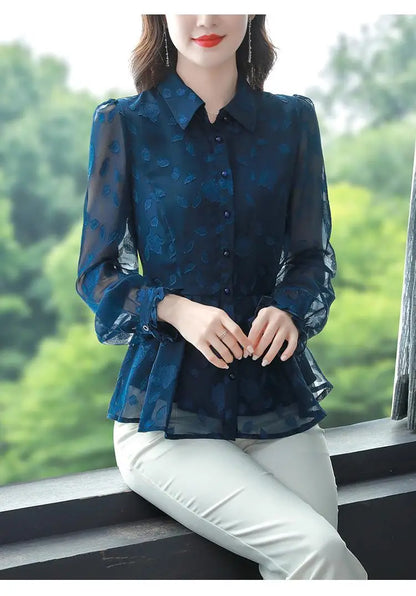 Spring Chiffon Shirt Women's Long-sleeved Temperament Waist Women's Small High-end Foreign Style Middle-aged Top Clothes