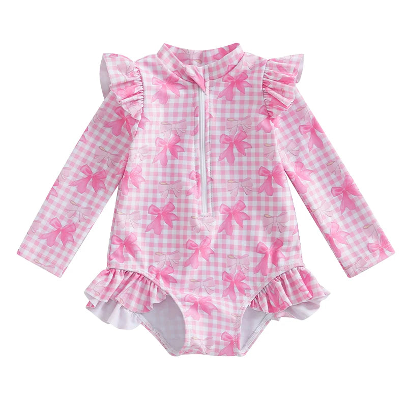 Kids Baby Girl Summer Swimwear Floral Print Backless Ruffles Long Sleeve Bodysuit Bathing Suit Girls Beachwear 0-4 Years