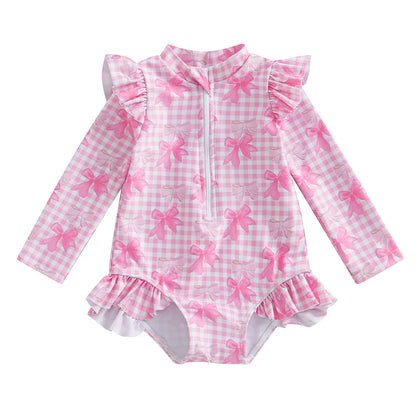 Kids Baby Girl Summer Swimwear Floral Print Backless Ruffles Long Sleeve Bodysuit Bathing Suit Girls Beachwear 0-4 Years