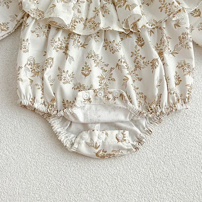 Spring New in Infant Cute Clothes Kids Baby Girls Floral Ruched Cotton Jumpsuits Toddler Outwear Newborn Bodysuits+headbands