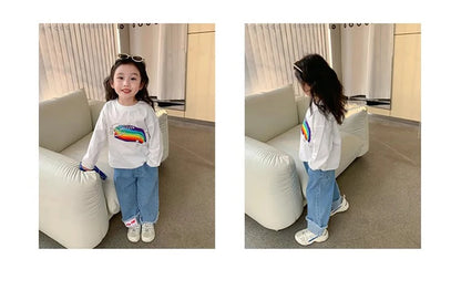 Spring Girl Top And Bottom Clothes Set Korean Fashion Simplicity Suit For Girls Rainbow Printed Long Sleeves+Pants Two Piece Set