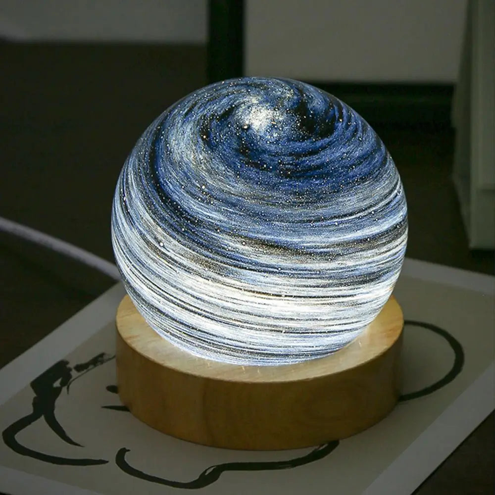 USB Plug in 3D Planet Glass Lamp With Wooden Stand 3 Color Light Galaxy Crystal Ball Dimmable Luminous Glass Sphere