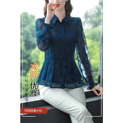 Spring Chiffon Shirt Women's Long-sleeved Temperament Waist Women's Small High-end Foreign Style Middle-aged Top Clothes