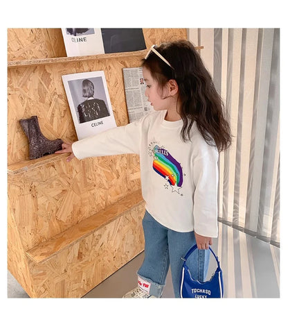 Spring Girl Top And Bottom Clothes Set Korean Fashion Simplicity Suit For Girls Rainbow Printed Long Sleeves+Pants Two Piece Set