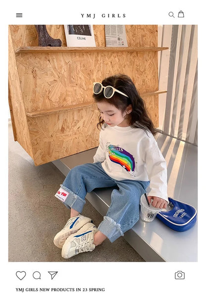 Spring Girl Top And Bottom Clothes Set Korean Fashion Simplicity Suit For Girls Rainbow Printed Long Sleeves+Pants Two Piece Set