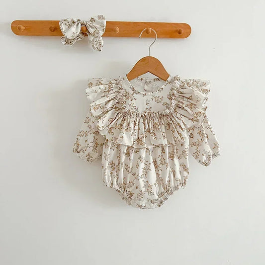 Spring New in Infant Cute Clothes Kids Baby Girls Floral Ruched Cotton Jumpsuits Toddler Outwear Newborn Bodysuits+headbands