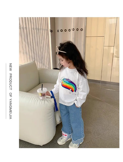 Spring Girl Top And Bottom Clothes Set Korean Fashion Simplicity Suit For Girls Rainbow Printed Long Sleeves+Pants Two Piece Set