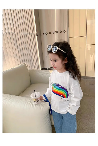 Spring Girl Top And Bottom Clothes Set Korean Fashion Simplicity Suit For Girls Rainbow Printed Long Sleeves+Pants Two Piece Set