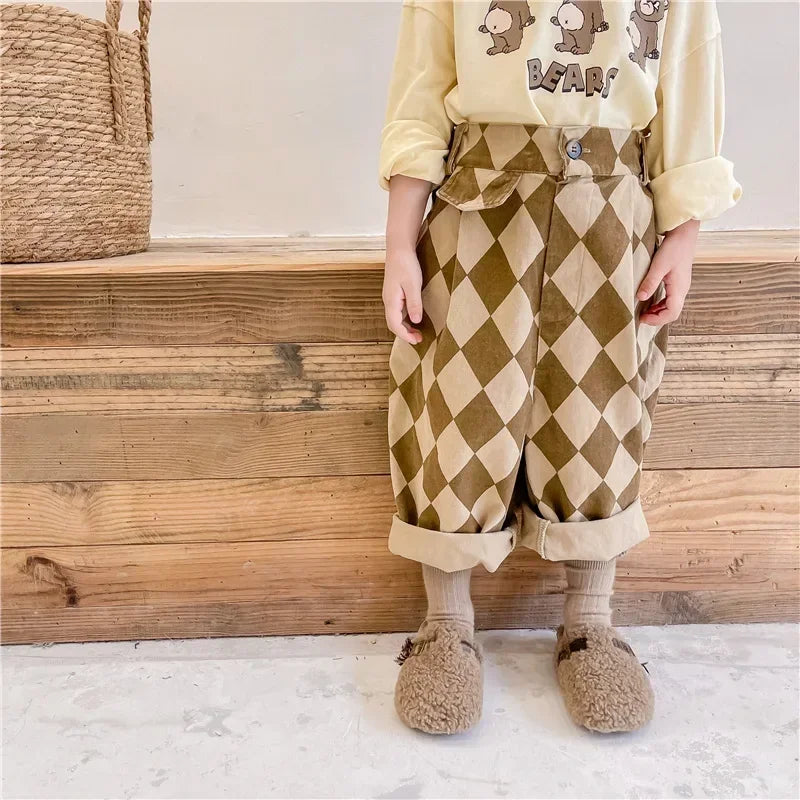 Spring 1-7Y Kids Clothes Washed Cotton Harem Trousers Vintage Checkered Design Japanese Trendy Loose-fit Casual Boys Girls Pants