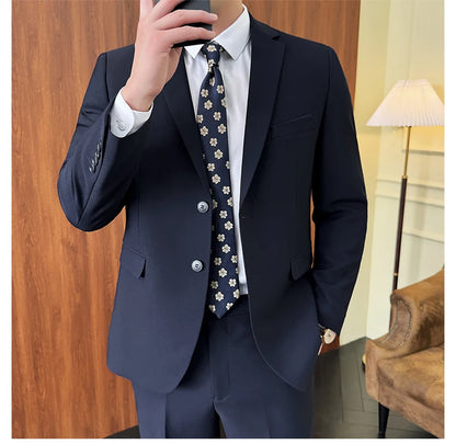 Suit (Blazer+ Pants) Fashion Men Solid color Business Wedding Work Casual Slim Professional Dress Groom Best Man Gentleman Suit